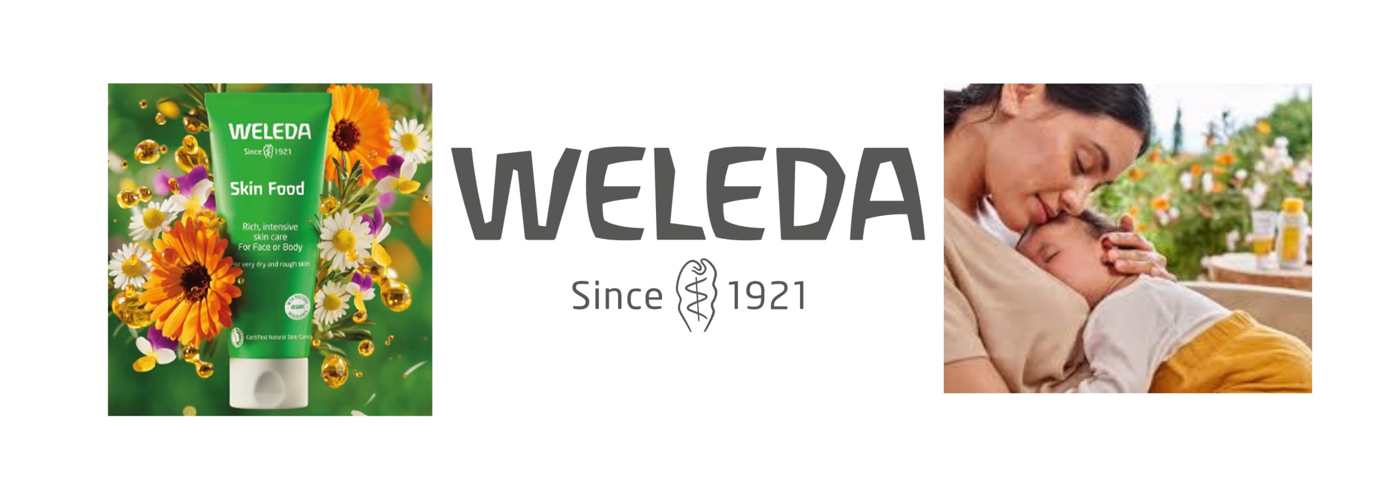 Weleda Logo with the 100% natural Skin Food on the left & an image of a mum holding her baby with the 100% natural Weleda Baby Calendula Nappy Change Cream & Baby Lotion on the right