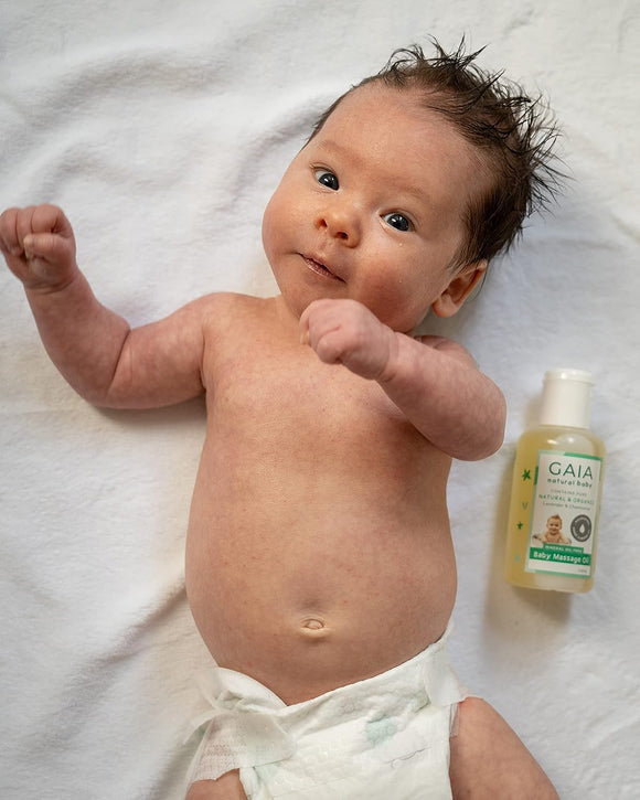 Baby on Towel with Gaia Natural Baby Oil