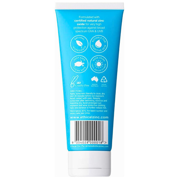 Ethical Zinc SPF50+ Natural Clear Zinc Sunscreen 100g Tube highlighting natural ingredients & suitable for sensitive skin