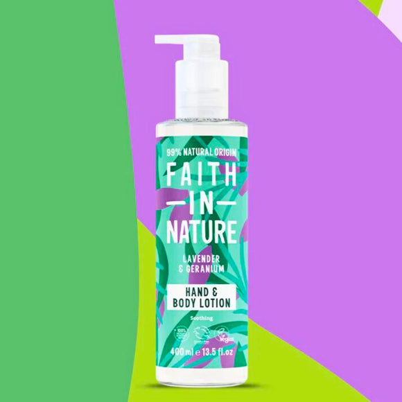 Faith In Nature Vegan Hand & Body Lotion - Lavender & Geranium on a purple, green & puce background