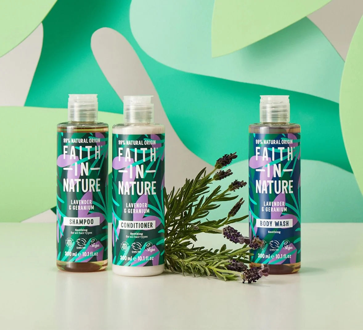Shampoo and Conditioner with Body Wash in Lavender & Geranium to soothe your senses.