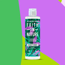 Faith In Nature Vegan Conditioner - Lavender & Geranium on a purple, green & puce background