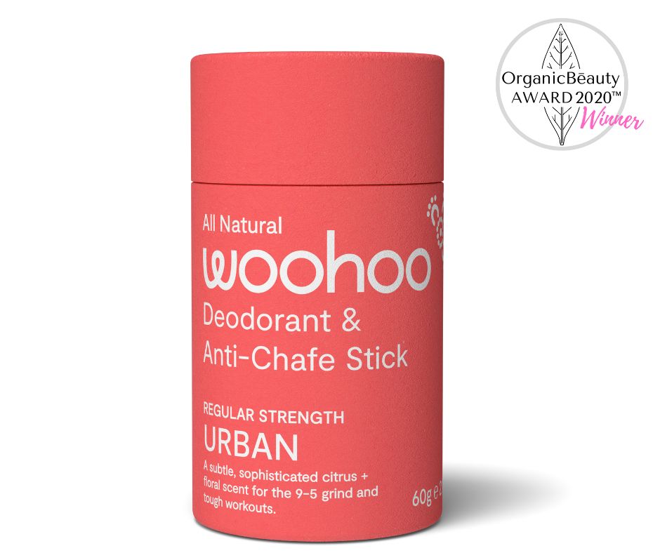Image of the Woohoo Urban Natural Deodorant Stick with Organic Beauty Award 2020 Winner logo on a white background 