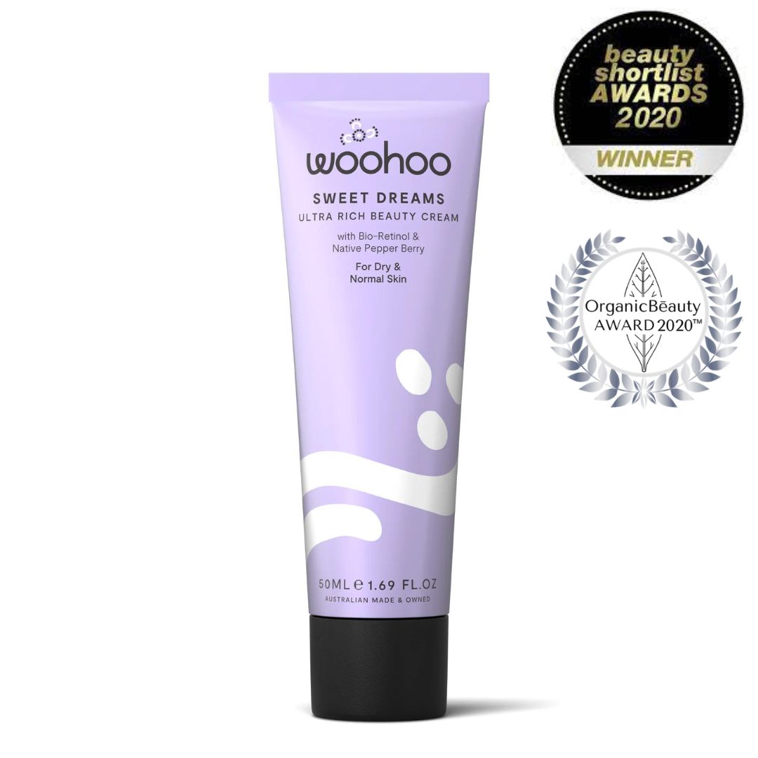 Image of the Woohoo Sweet Dreams Ultra Rich Beauty Cream tube, the beauty shortlist award winner 2020 logo and the Organic Beauty Award 2020 logo on a white background