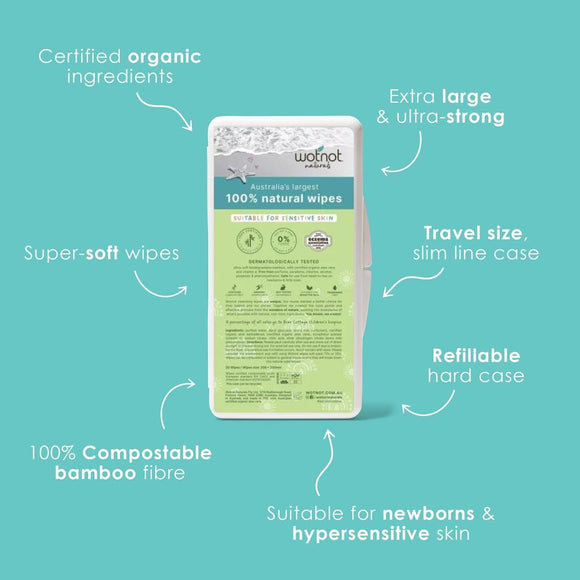 100% Natural Baby Wipes in Refillable Travel Hard Case Extra Large 20 sheets