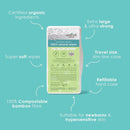 Wotnot natural bamboo baby wipes for newborns & hypersensitive skin in travel pack showing benefits - certified organic ingredients; extra large, ultra strong & super soft; compostable, on light blue background