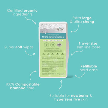 Wotnot natural bamboo baby wipes for newborns & hypersensitive skin in travel pack showing benefits - certified organic ingredients; extra large, ultra strong & super soft; compostable, on light blue background