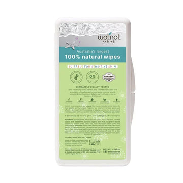 100% Natural XL Baby Wipes 20-piece travel pack - biodegradable bamboo wipes with organic aloe vera from Award-winning Australian brand Wotnot on white background.