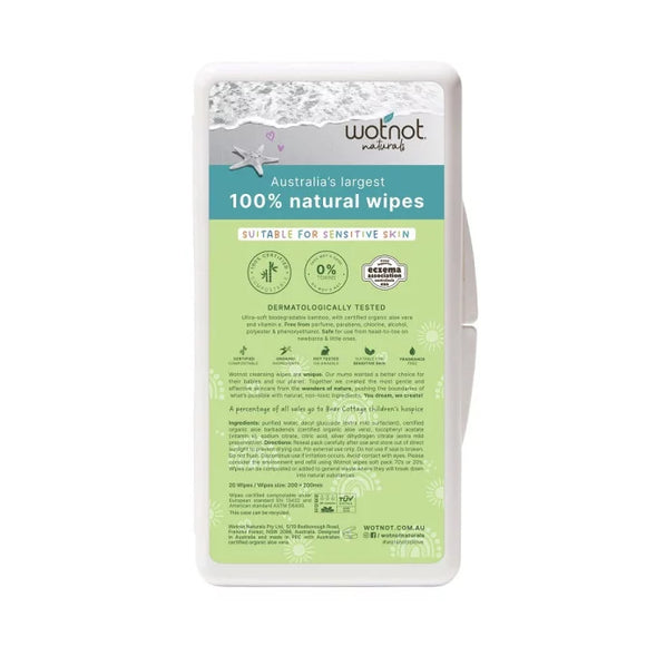 100% Natural XL Baby Wipes 20-piece travel pack - biodegradable bamboo wipes with organic aloe vera from Award-winning Australian brand Wotnot on white background.