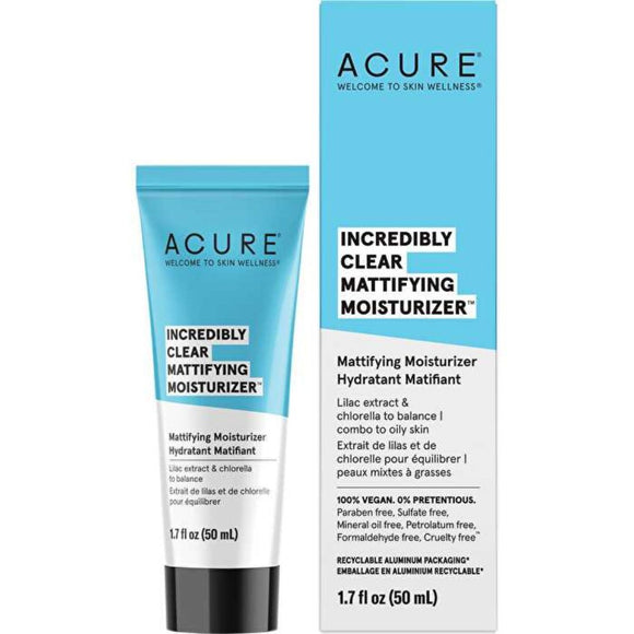 Acure Incredibly Clear Mattifying Moisturizer aluminium tube and packaging on a white background
