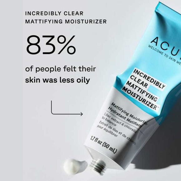 Acure Incredibly Clear Mattifying Moisturizer tube showing the natural lightweight formula & results on a light gray background