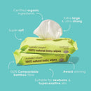 Wotnot 100% natural baby wipes package showing extra large  bamboo wipe with benefits - certified organic ingredients; extra large, ultra strong & super soft; compostable; award winning; suitable for newborns & hypersensitive skin, on light blue background