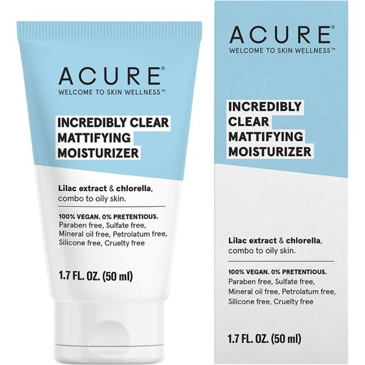 Acure Incredibly Clear Mattifying Moisturizer tube and box on a white background.