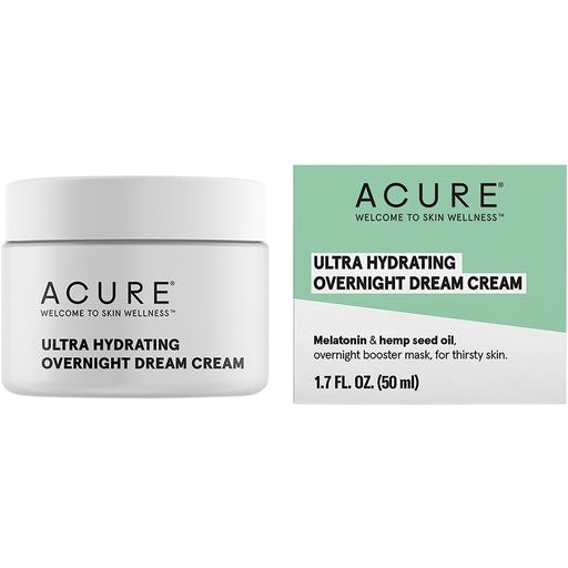 Acure Ultra Hydrating Overnight Dream Cream jar and box on a white background.