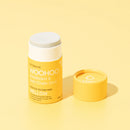 Woohoo MELLOW Bicarb-free Deodorant stick open showing 100% natural formula with eco-friendly cardboard packaging on a light yellow background