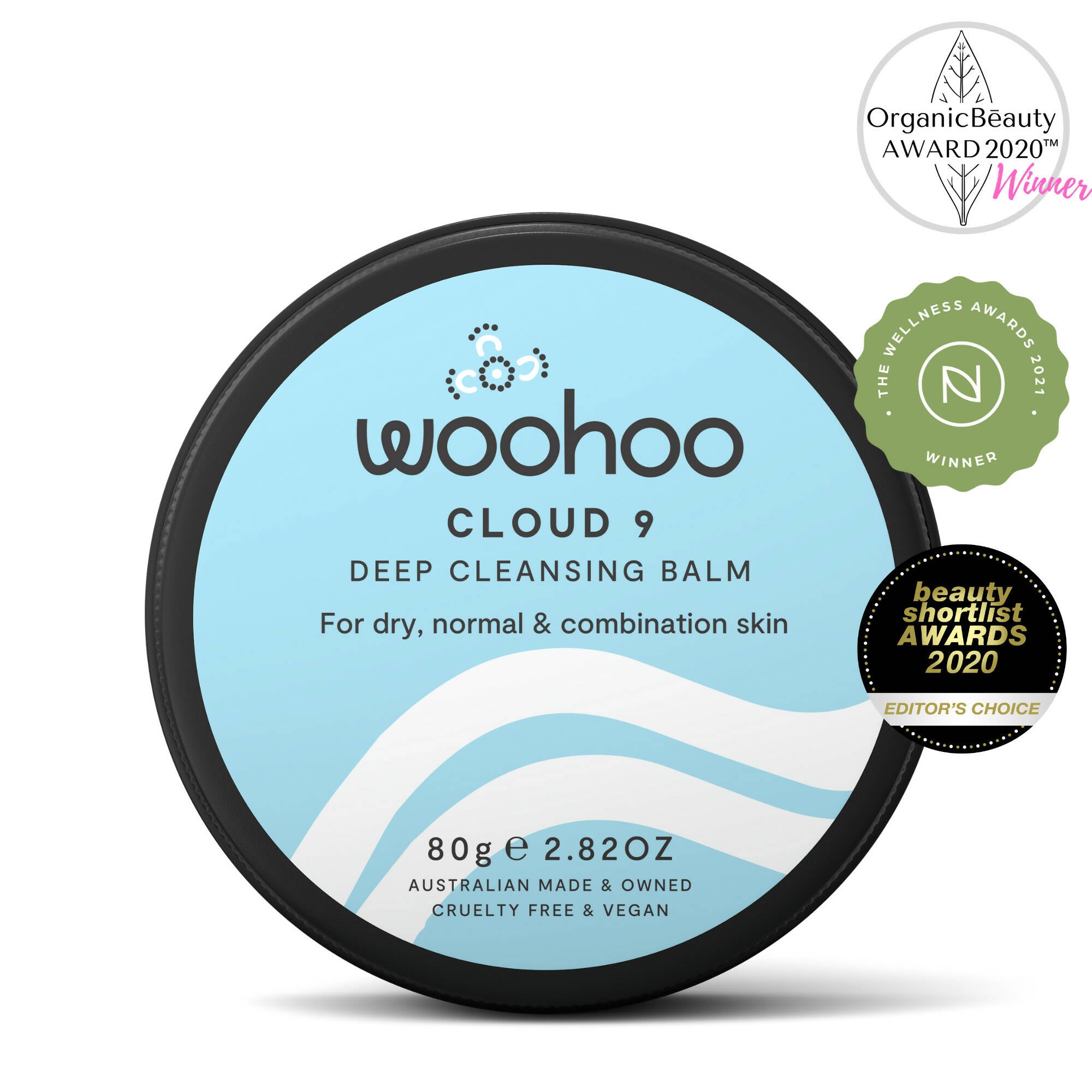 Image of the Woohoo Cloud 9 Deep Cleansing Balm Tin on a white background with Organic Beauty Award 2020 Winner, The Wellness Awards Winner and beauty shortlist Awards 2020 Editor's Choice logos