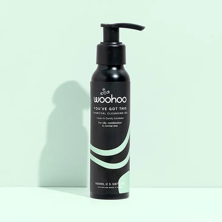 Image of the Woohoo You've Got This Charcoal Cleansing Gel bottle with pump on a light green background.