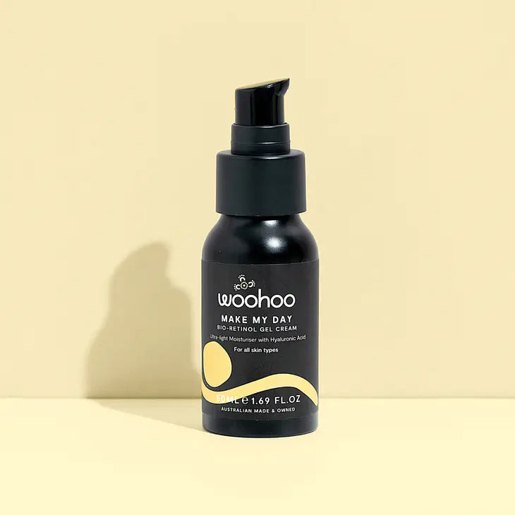 Image of the Woohoo Make My Day Bio-Retinol Gel Cream bottle with pump on a yellow background