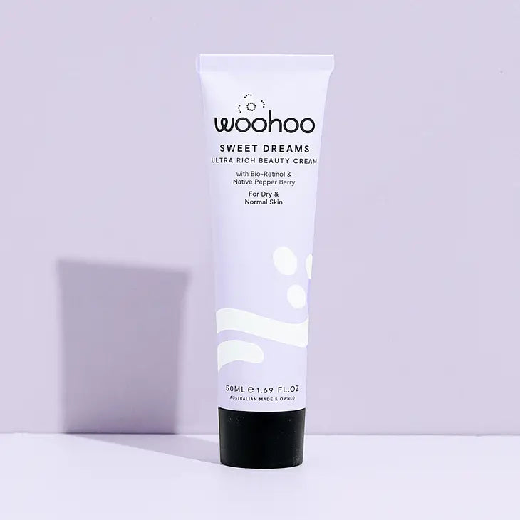 Image of the Woohoo Sweet Dreams Ultra Rich Beauty Cream tube on a light purple background 